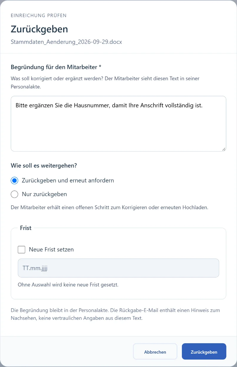 Dialog zum Zurückgeben einer Einreichung mit Begründung und optionaler neuer Frist